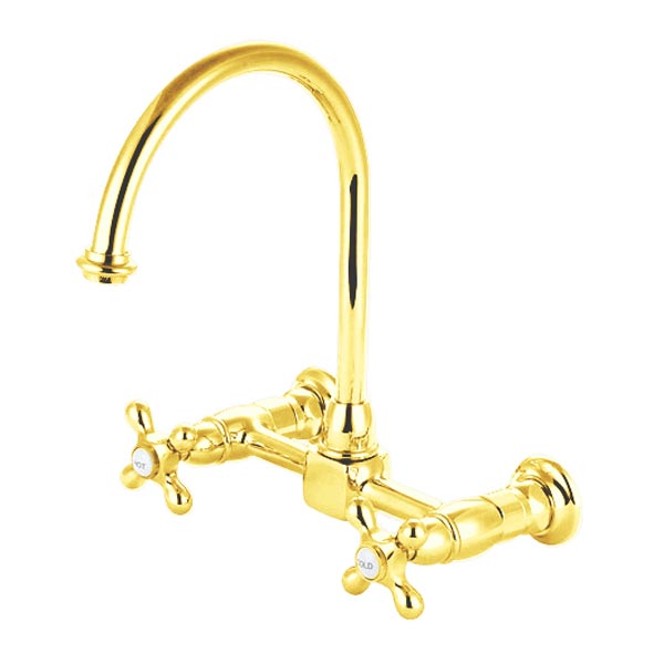 Polished Brass 8in spread wall mount kitchen faucet