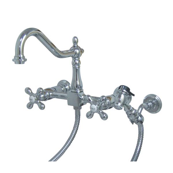 Chrome 8in spread wall mount kitchen faucet with side spray