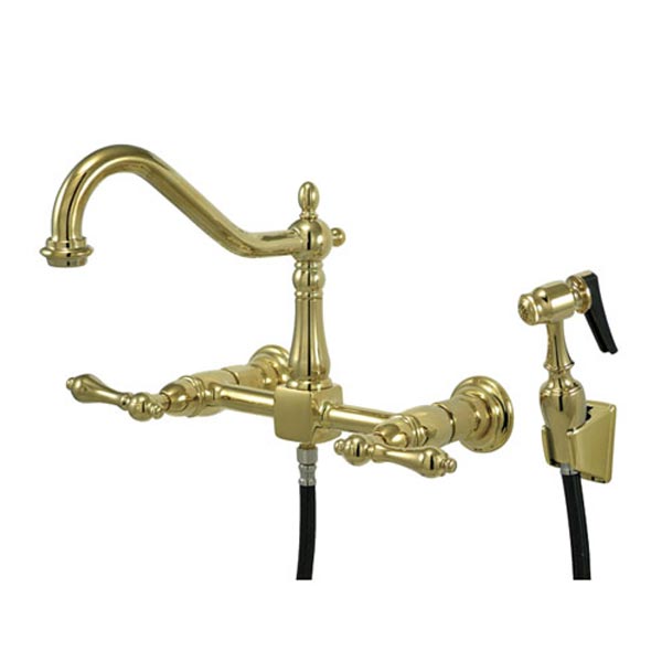 Polished Brass 8in spread wall mount kitchen faucet with side spray
