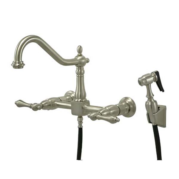 Satin Nickel 8in spread wall mount kitchen faucet with side spray